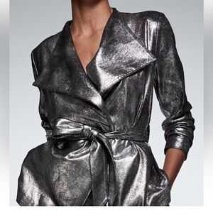 NWT Donna Karan Belted Metallic Silver Women's Flyaway Jacket